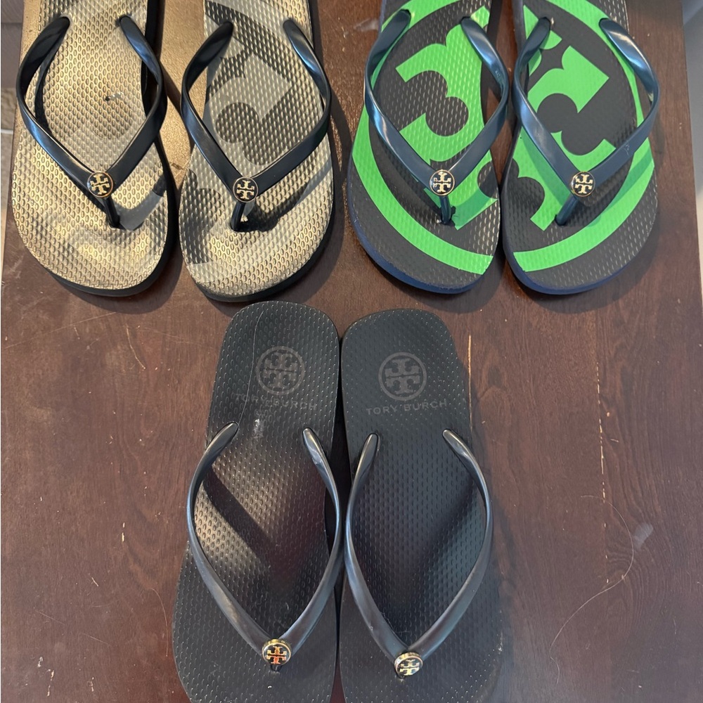 Tory Burch Flip Flops Set lot size 6 - Black navy blue Green platform & flat